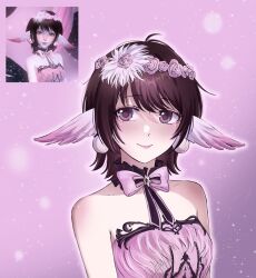  1girl bare_shoulders bird_wings black_choker bow bow_choker bowtie brown_hair choker closed_mouth collarbone commentary dot_nose dress earrings english_commentary eyelashes flower frilled_choker frills fur-trimmed_dress fur_trim gradient_background happy head_wings head_wreath highres jewelry light_blush light_particles lipstick looking_at_viewer makeup nikki_(series) nonoberry22 outline pink_background pink_bow pink_bowtie pink_dress pink_flower pink_lips pink_rose pink_wings reference_inset rose shining_nikki short_hair single_stripe smile solo sphere_earrings strapless strapless_dress striped_bow striped_bowtie striped_clothes stylist_(nikki) upper_body violet_eyes white_outline wings 