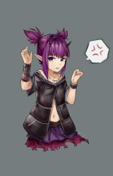  1girl anger_vein arknights bare_shoulders black_shirt collarbone commentary_request grey_background hands_up horns jacket jewelry lava_(arknights) looking_at_viewer navel necklace open_mouth pointy_ears purple_hair purple_skirt shenqi_xiao_hong_zai_nali shirt short_hair short_sleeves short_twintails sidelocks simple_background skirt solo spoken_anger_vein tooth_necklace twintails upper_body violet_eyes wristband 