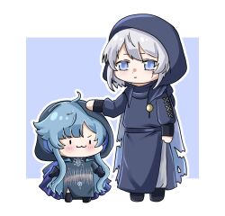  1boy 1girl :3 age_difference black_eyes black_gloves blue_background blue_cloak blue_dress blue_eyes blue_hair blue_tunic blunt_bangs boots border brooch chibi child cloak closed_mouth commentary cross-laced_clothes cross-laced_sleeves dot_nose dress english_commentary fantasea_prophet_(shining_nikki) gloves grey_hair grey_pants headpat height_difference highres hood hood_up hooded_cloak jewelry knee_boots leonid_(shining_nikki) long_dress long_hair long_sleeves loose_socks marina_(shining_nikki) nikki_(series) nonoberry22 outline outside_border pants puffy_long_sleeves puffy_sleeves scar scar_on_cheek scar_on_face shining_nikki short_hair sleeves_past_wrists smile socks solid_oval_eyes standing torn_clothes tunic two-sided_cloak two-sided_fabric v-shaped_eyebrows very_long_hair wavy_hair white_border white_outline 