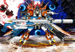  assault_rifle cannon commentary_request crater drone dust_cloud energy_cannon explosion gameplay_mechanics gun highres jolly_roger mecha mecha_focus mobilesuit_alpha nebula ningen_plamo no_humans orb rifle robot roundel science_fiction side_arms_hyper_dyne space star_(sky) weapon zero_gravity 