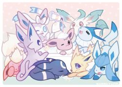  :3 absurdres blue_eyes brown_eyes commentary covering_own_ears drooling eevee english_commentary espeon fang flareon glaceon happy highres jolteon leafeon lotion no_humans one_eye_closed open_mouth pokemon pokemon_(creature) pouring psyduck sharktuna soap sylveon telekinesis towel umbreon vaporeon violet_eyes 