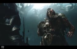  1girl 5boys armor artist_logo artist_name bald battle_damage black_armor black_border black_hair blood blood_on_face blue_theme border breastplate burn_scar burnt cape chaos_(warhammer) commentary dagger demon demon_horns divine_entity emperor_of_mankind english_commentary eyes_of_horus_(warhammer_40k) father_and_child father_and_son flayed_skin full_armor full_body gauntlets glowing glowing_eye glowing_eyes gold_armor gold_trim gorget greaves holding holding_dagger holding_knife holding_weapon horns horus_lupercal imperial_aquila imperium_of_man khorne kneeling knife logo long_hair missing_eye multiple_boys multiple_horns nurgle ornate_armor parent_and_child pauldrons pelt power_armor primarch red_cape red_eyes richard_bagnall scar severed_arm severed_limb shoulder_armor silhouette slaanesh spiked_armor spikes standing terminator_armor tzeentch warhammer_40k weapon wolf_pelt yellow_eyes 