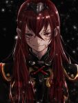  1girl alear_(female)_(fire_emblem) alear_(fire_emblem) black_background blood blood_on_face closed_mouth crossed_bangs fire_emblem fire_emblem_engage hair_between_eyes highres hk_539099410 long_hair looking_at_viewer red_eyes redhead smile solo tiara upper_body 