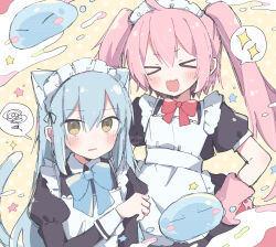  >_< 2girls :3 :d animal_ears apron black_dress blue_bow blue_bowtie blue_hair blush bow bowtie cat_ears cat_girl cat_tail closed_eyes commentary_request dot_nose double-parted_bangs dress fang hair_between_eyes highres hinase01 juliet_sleeves long_hair long_sleeves looking_at_viewer lymle_lemuri_phi maid maid_headdress multiple_girls open_mouth parted_lips pink_hair puffy_sleeves red_bow red_bowtie rimuru_tempest short_sleeves smile spoken_sparkle spoken_squiggle squiggle tail tensei_shitara_slime_datta_ken twintails upper_body white_apron x3 xd yellow_background yellow_eyes 