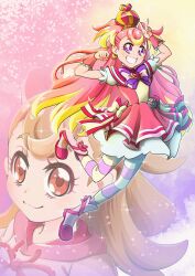  1girl :3 :d absurdres arched_crown arms_up blonde_hair boots bow bright_pupils brooch brown_eyes brown_hair butterfly_earrings capelet chest_bow clenched_hand closed_mouth colored_tips colorful_background commentary crown cure_wonderful doraemon12012 dress dress_bow dual_persona earrings frilled_wrist_cuffs frills full_body gradient_background grin hair_bow heart heart_brooch highres inukai_komugi jewelry layered_dress leg_up light_particles long_hair looking_at_viewer magical_girl medium_dress mini_crown multicolored_bow multicolored_hair multicolored_pantyhose multiple_views pact_holder pantyhose petticoat pink_background pink_boots pink_bow pink_capelet pink_crown pink_dress pink_hair pink_pantyhose pink_wrist_cuffs pleated_dress ponytail pouch precure puffy_short_sleeves puffy_sleeves purple_background purple_bow short_sleeves single_paw_pose smile sparkle_background striped_bow striped_clothes striped_pantyhose thick_eyebrows three-toned_background tilted_headwear two-tone_hair two-tone_pantyhose two_side_up v very_long_hair violet_eyes wonderful_precure! wrist_cuffs yellow_background yellow_pantyhose yellow_pupils 