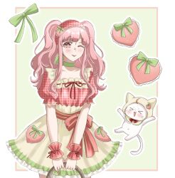  >_< 1girl ;p ahoge alternate_costume basket border bow bright_pupils brown_eyes choker cloak closed_mouth collarbone commentary cowboy_shot dot_nose ear_covers english_commentary eyelashes food food-themed_clothes food-themed_hair_ornament frilled_hairband frilled_shirt frilled_skirt frills fruit green_background green_bow green_choker hair_bow hair_ornament hairband happy high-waist_skirt highres holding holding_basket hood hood_up hooded_cloak light_blush long_hair long_sidelocks miniskirt momo_(nikki) nikki_(nikki) nikki_(series) nonoberry22 one_eye_closed outline outside_border pink_hair pink_hairband plaid_hairband pleated_skirt pocket puffy_short_sleeves puffy_sleeves red_bow red_ribbon red_shirt red_wrist_cuffs ribbon ribbon-trimmed_shirt ribbon-trimmed_wrist_cuffs ribbon_trim shining_nikki shirt short_sleeves sidelocks skirt smile solo square_neckline strawberry strawberry_hair_ornament striped_bow tongue tongue_out two_side_up unmoving_pattern waist_bow whiskers white_border white_cloak white_outline white_pupils white_skirt wrist_cuffs wrist_ribbon 