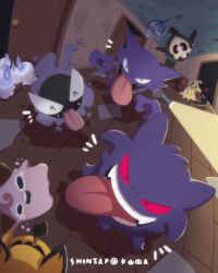  candle cleffa colored_sclera duskull evolutionary_line fangs fire floating gastly gengar ghost ghost_type_theme_(pokemon) hallway haunter highres litwick mimikyu no_humans open_mouth pichu pokemon pokemon_(creature) pokemon_focus purple_fire red_sclera shintarokuma shuppet tears teeth tongue tongue_out wooden_floor yellow_eyes 