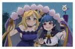  2girls absurdres black_capelet black_scrunchie blonde_hair blue_dress blue_hair blush cape capelet demon_horns dress earrings fur-trimmed_cape fur_trim genjitsu_no_yohane heart heart_earrings highres horns jewelry love_live! love_live!_sunshine!! multiple_girls off-shoulder_dress off_shoulder ohara_mari pellapie rain scrunchie ska.harumi tsushima_yoshiko umbrella violet_eyes yellow_eyes 