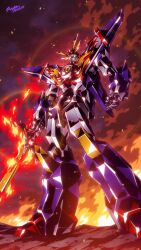  artist_name babamba clenched_hand commentary_request dated embers fighbird fire flaming_sword flaming_weapon full_body green_eyes highres holding holding_sword holding_weapon mecha mecha_focus no_humans robot science_fiction smoke solo standing super_robot sword taiyou_no_yuusha_fighbird v-fin weapon yuusha_series 