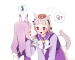  2girls animal_ears breasts ggubii0225 gold_ship_(umamusume) grey_hair highres horse_ears horse_girl horse_tail large_breasts long_hair long_sleeves mejiro_mcqueen_(umamusume) multiple_girls pink_eyes purple_hair school_uniform simple_background speech_bubble tail tracen_school_uniform umamusume violet_eyes white_background 