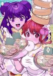  2girls absurdres apron bamboo_steamer baozi blush braid chinese_clothes colored_eyelashes double_bun egg_(food) flower food food_in_mouth food_on_head frilled_apron frills hair_bun hair_flower hair_ornament highres holding holding_tray long_hair looking_at_food looking_at_viewer multiple_girls noodles nostresstuna object_on_head open_mouth patterned_background pink_flower purple_hair ramen ranma-chan ranma_1/2 red_eyes redhead shampoo_(ranma_1/2) sparkle sparkling_eyes tray upper_body violet_eyes 