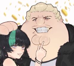  1boy 1other absurdres black_coat black_hair blonde_hair cleft_chin coat collar cosplay family_guy fat fat_man green_streaks grin hakari_kinji hakari_kinji_(cosplay) heart highres hoshi_kirara jujutsu_kaisen kowai_(iamkowai) looking_at_viewer male_focus multicolored_hair peter_griffin short_hair smile sparkle star-shaped_pupils star_(symbol) streaked_hair studded_collar symbol-shaped_pupils teeth very_short_hair violet_eyes 