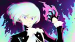  1boy absurdres black_jacket chromatic_aberration clenched_teeth commentary earrings english_commentary fire gloves green_hair half_gloves highres jacket jewelry koffo-art lio_fotia male_focus pink_fire promare pyrokinesis solo teeth violet_eyes 
