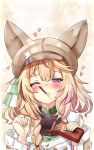  1girl absurdres blonde_hair blouse blue_nails blush braid brown_headwear brown_jacket closed_mouth commentary_request food_in_mouth fox_girl fox_hat hair_between_eyes hair_over_shoulder half-closed_eyes hands_up hat heart heart-shaped_pupils highres holding hololive incoming_pocky_kiss jacket long_hair long_sleeves looking_at_viewer mouth_hold mr_lobster multicolored_hair multicolored_nails nail_polish official_alternate_costume official_alternate_hairstyle omaru_polka omaru_polka_(3rd_costume) one_eye_closed pink_hair pocky_day pocky_in_mouth red_nails shirt side_braid sidelocks single_braid solo streaked_hair symbol-shaped_pupils upper_body violet_eyes virtual_youtuber white_shirt 