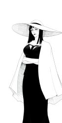  1girl absurdres blunt_bangs blunt_ends cape closed_mouth commentary crossed_arms emo_(anemounicorn) greyscale highres large_hat long_skirt looking_ahead medium_hair monochrome nico_robin one_piece skirt solo 