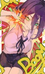  1girl breasts chainsaw_man closed_mouth commentary_request explosion green_eyes hair_between_eyes highres large_breasts looking_at_viewer neck_ribbon pink_shirt purple_hair purple_ribbon purple_shorts reze_(chainsaw_man) ribbon shirt shirt_tucked_in shorts sleeveless sleeveless_shirt smile solo ururur_1 