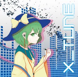  1girl album_cover album_name black_hat bow buttons closed_mouth collared_shirt commentary_request cover diamond_button earphones from_side green_eyes green_hair hat hat_bow holding holding_earphones komeiji_koishi long_sleeves looking_at_viewer shirt short_hair silhouette solo tentyuu_th touhou wide_sleeves yellow_bow yellow_shirt 