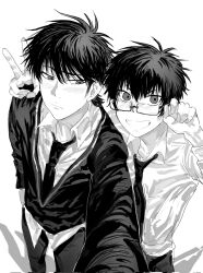  2boys ace_of_diamond blush borrowed_accessory chenji920917044 closed_mouth collared_shirt corrupted_twitter_file glasses greyscale hand_in_pocket highres looking_at_another looking_at_viewer male_focus miyuki_kazuya monochrome multiple_boys necktie pants rectangular_eyewear sawamura_eijun school_uniform selfie shirt short_hair sideburns simple_background smile sweater v white_background 