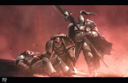  3boys adeptus_astartes adeptus_custodes armor armored_boots artist_logo artist_name black_border blonde_hair boots border breastplate caecaltus_dusk cape commentary embers english_commentary fire full_armor full_body garviel_loken gauntlets glowing glowing_eyes gold_armor gorget greaves grey_armor guardian_spear helm helmet holding holding_weapon imperium_of_man leetu logo luna_wolves lying multiple_boys on_back ornate_armor pauldrons plume polearm power_armor red_cape red_plume red_theme richard_bagnall shoulder_armor spear standing warhammer_40k weapon white_armor 