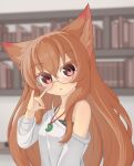  1girl animal_ears bandaged_arm bandages black_tank_top blurry blurry_background bookshelf breasts brown_hair fox_ears fox_girl fox_shadow_puppet highres jewelry long_hair looking_at_viewer magatama magatama_necklace necklace nikaon off-shoulder_sweater off_shoulder open_mouth original red_eyes round_eyewear small_breasts sweater tank_top upper_body 