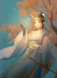  1girl absurdres brown_hair character_request chinese_clothes circlet closed_mouth commentary_request constellation cowboy_shot crescent_moon double_halo dress grey_dress halo hand_up highres holding holding_sword holding_weapon liang_jiou long_dress long_sleeves looking_ahead moon moonlight_blade night outdoors pink_eyes short_hair smile solo sword tree weapon white_halo wide_sleeves 