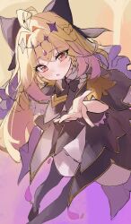  1girl :o absurdres antenna_hair black_capelet black_dress black_thighhighs blonde_hair blush brooch capelet commentary_request cure_arcana_shadow diamond_hairband dress frilled_capelet frills gradient_hair hair_intakes heart heart_brooch highres jewelry leaning_forward long_hair magical_girl meitantei_precure! moria_luluka multicolored_hair pink_eyes pink_hair precure purple_veil reaching reaching_towards_viewer smile12190 solo thigh-highs veil very_long_hair 