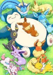  aimi_(aimia492) blush closed_eyes closed_mouth commentary_request eevee espeon fangs flareon glaceon grass jolteon leafeon lying no_humans open_mouth pokemon pokemon_(creature) pokemon_focus pokemon_sleep sleeping smile snorlax sylveon tongue tongue_out twitter_username umbreon vaporeon 