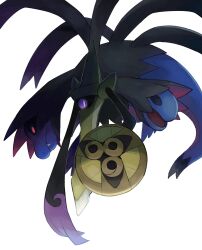  aegislash bright_pupils closed_mouth commentary_request fang fang_out highres hydreigon looking_at_viewer no_humans osame_(yzha4483) pokemon pokemon_(creature) pokemon_focus shield simple_background violet_eyes white_background white_pupils 