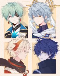  4boys alternate_hairstyle anaxa_(honkai:_star_rail) aqua_hair ayacchirin black_jacket blue_hair blue_jacket brown_scarf cape closed_mouth company_connection earrings eyepatch flins_(genshin_impact) genshin_impact grey_hair hair_between_eyes hair_over_one_eye halo halo_behind_head head_wings highres honkai:_star_rail honkai_(series) jacket japanese_clothes jewelry kaedehara_kazuha looking_at_viewer male_focus mihoyo multicolored_hair multiple_boys red_eyes red_hair scarf short_hair streaked_hair sunday_(honkai:_star_rail) tassel turtleneck white_cape white_hair white_hood wings yellow_eyes 