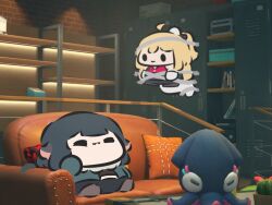  2girls ahoge animal_ears black_hair blonde_hair chibi cissia_(zenless_zone_zero) closed_mouth commentary couch duct_tape game_screenshot_background hair_ornament highres indoors jane_doe_(zenless_zone_zero) long_hair mouse_ears mouse_girl mouse_tail multiple_girls on_couch pillow pom_pom_(clothes) pom_pom_hair_ornament restrained screenshot_background sitting snake_girl snake_tail stuffed_squid superappleman tail untranslatable_commentary zenless_zone_zero 