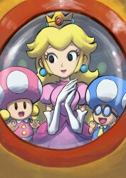  1boy 2girls blonde_hair crown dress earrings elbow_gloves glasses gloves highres jewelry long_hair mario_&amp;_luigi:_partners_in_time mario_&amp;_luigi_rpg masanori_sato_(style) multiple_girls open_mouth pink_dress princess_peach puffy_short_sleeves puffy_sleeves round_eyewear short_sleeves sphere_earrings super_mario_bros. toad_(mario) toadbert toadiko white_gloves yamari_(ya_mari_6363) 