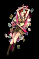  1girl arms_on_head bare_arms baseball_bat black_background black_socks blood blood_on_weapon bob_cut breasts brown_eyes collared_shirt commentary_request danganronpa_(series) danganronpa_2:_goodbye_despair full_body green_skirt green_vest highres kneehighs knees koizumi_mahiru light_frown looking_at_viewer lying medium_breasts miniskirt necktie no_shoes on_back open_mouth photo_(object) pink_blood pink_necktie plaid_clothes plaid_necktie pleated_skirt pointy_nose pool_of_blood red_hair shirt shiruko_(mikan4649) short_sleeves simple_background skirt socks solo spoilers vest weapon white_shirt 
