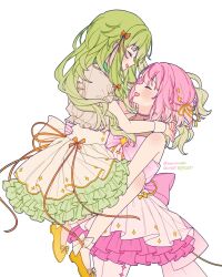  2girls blush carrying closed_eyes commentary dress gloves green_hair hair_ribbon highres kusanagi_nene long_hair multiple_girls ootori_emu open_mouth pink_dress pink_gloves pink_hair princess_carry project_sekai ribbon shoes short_hair simple_background smile the_coconutnut untranslatable_commentary white_background white_dress yellow_ribbon yellow_shoes yuri 