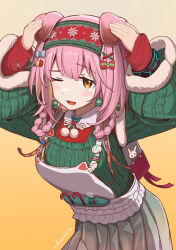 1girl absurdres animal_ears apron arknights blush bow candy candy_cane covering_own_ears food goldenglow_(arknights) goldenglow_(maiden_for_the_bright_night)_(arknights) gradient_background green_hairband green_sweater grey_skirt hair_bow hair_ornament hairband highres infection_monitor_(arknights) layered_sleeves long_sleeves looking_at_viewer medium_hair official_alternate_costume one_eye_closed open_mouth pink_hair pleated_skirt pom_pom_(clothes) quietmrcat raised_eyebrow red_hairband red_shirt shirt skirt solo sweater white_apron x_hair_ornament yellow_background yellow_eyes 