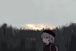  1girl abstract_background asasow backpack bag beret black_headwear black_jacket blush brown_eyes brown_hair closed_mouth evening expressionless grey_sky hat hatoba_tsugu jacket looking_ahead medium_hair mole mole_under_eye outdoors sky solo tsugu_(vtuber) upper_body virtual_youtuber wide_shot 