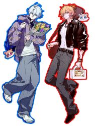  2boys antenna_hair arm_tattoo belt black_belt black_choker black_jacket black_pants blonde_hair blue_eyes bouquet braid choker commentary_request facial_tattoo full_body glazed108642 gradient_hair guitar_case highres holding holding_bouquet honkai:_star_rail honkai_(series) hood hoodie instrument_case jacket korean_commentary leather leather_jacket male_focus medium_hair multicolored_hair multiple_boys mydei_(fig_stew)_(honkai:_star_rail) mydei_(honkai:_star_rail) neck_tattoo open_clothes open_jacket pants parted_bangs phainon_(honkai:_star_rail) phainon_(vigethos)_(honkai:_star_rail) purple_hoodie red_hair red_tattoo shirt short_hair side_braid simple_background sun_symbol sun_tattoo tachi-e tattoo white_background white_hair white_shirt yellow_eyes 