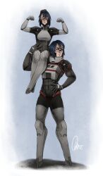  2girls absurdres carrying eule_(signalis) flexing highres humanoid_robot joints larger_female multiple_girls ohime_illust robot robot_joints shoulder_carry signalis sitting size_difference storch_(signalis) yuri 