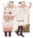  1girl absurdres animal_ears boots breasts brown_footwear dark-skinned_female dark_skin freckles grey_hair highres horns knee_boots large_breasts long_hair long_sleeves mabel_(suizilla) one_eye_closed original sheep_ears sheep_girl sheep_horns solo squatting sui_(suizilla) sweater thigh-highs white_sweater white_thighhighs 
