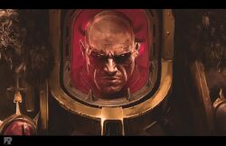  1boy armor artist_logo artist_name bald black_armor black_border border breastplate cable chaos_(warhammer) commentary english_commentary eyes_of_horus_(warhammer_40k) full_armor glowing glowing_eyes gold_trim gorget horus_lupercal imperium_of_man logo ornate_armor pauldrons pelt power_armor primarch red_eyes red_theme richard_bagnall shoulder_armor slit_pupils spiked_armor spikes terminator_armor tube warhammer_40k wolf_pelt 