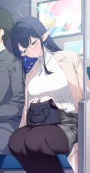  1boy 1girl bag black_bag black_hair black_pantyhose blue_archive blue_hair blue_halo blush closed_eyes closed_mouth colored_inner_hair commentary_request glasses grey_jacket grey_pants grey_skirt halo head_on_another's_shoulder highres holding holding_bag jacket jewelry long_hair multicolored_hair necklace ochiaki official_alternate_costume open_clothes open_jacket pants pantyhose plaid_clothes plaid_skirt pointy_ears rin_(blue_archive) rin_(casual)_(blue_archive) sensei_(blue_archive) short_hair skirt sweater train_interior turtleneck turtleneck_sweater two-tone_hair white_sweater yellow_jacket 