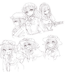  2girls :d absurdres arm_behind_back blush bow bowtie buttons capelet closed_eyes closed_mouth collared_dress commentary_request dress guitar hair_between_eyes hair_bow hand_on_headwear hands_on_own_chest happy hat hat_bow highres holding holding_guitar holding_instrument instrument kashiwada_kiiho long_hair maribel_hearn medium_hair mob_cap multiple_girls multiple_views necktie one_eye_closed open_mouth parted_lips ribbon-trimmed_capelet ribbon_trim sad shirt short_sleeves sidelocks sketch skirt smile sweatdrop touhou usami_renko white_background white_hat worried 