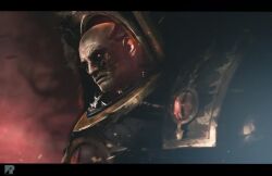  1boy armor artist_logo artist_name bald black_armor black_border border breastplate chainsword chaos_(warhammer) commentary embers english_commentary eyes_of_horus_(warhammer_40k) full_armor glowing glowing_eyes gold_trim gorget horus_lupercal logo looking_at_viewer ornate_armor pauldrons pelt power_armor primarch red_eyes red_theme richard_bagnall shoulder_armor slit_pupils spiked_armor spikes standing terminator_armor warhammer_40k wolf_pelt 
