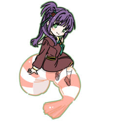  1girl blush_stickers brown_dress brown_shoes closed_mouth commentary_request dress flower green_eyes green_neckerchief hair_bun hair_flower hair_intakes hair_ornament hasu_no_sora_school_uniform link!_like!_love_live! loafers long_sleeves looking_at_viewer love_live! medium_dress neckerchief otomune_kozue pleated_dress purple_hair red_flower sailor_collar sailor_dress school_uniform shinanoya_(satanicad) shoes shrimp side_ponytail sidelocks single_side_bun sitting_on_food smile solo split_mouth tassel tassel_hair_ornament virtual_youtuber white_sailor_collar winter_uniform 