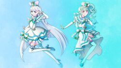  2girls :d animal_ear_hairband animal_ears aqua_background aqua_bow aqua_hair aqua_hairband aqua_hat aqua_shoes aqua_thighhighs arm_up arm_warmers bare_shoulders blue_background blue_bow blue_choker blue_crown blue_eyes blue_shoes blunt_bangs blunt_ends blush bow bow_choker bow_hairband bright_pupils brooch cat_ear_hairband cat_ears chest_bow choker collarbone commentary crown crown_earrings cure_lillian cure_nyammy curled_fingers doraemon12012 dress dress_bow earrings fake_animal_ears frilled_arm_warmers frilled_dress frilled_thighhighs frills full_body glitter gradient_background grin hairband hand_on_own_chest hat heart heart_brooch high_heels high_ponytail high_side_ponytail highres jewelry knee_up leg_up long_hair looking_at_viewer magical_girl medium_dress mini_crown mini_hat mini_top_hat multicolored_bow multiple_girls nekoyashiki_mayu nekoyashiki_yuki off-shoulder_dress off_shoulder open_hand outstretched_arm pact_holder parted_lips pearl_earrings ponytail pouch precure shoes side-by-side side_ponytail smile spread_fingers straight_hair striped_bow thigh-highs tilted_headwear top_hat two-tone_background very_long_hair violet_eyes white_arm_warmers white_dress white_thighhighs wonderful_precure! yellow_pupils zettai_ryouiki 