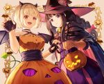  aoi_hane black_hair blonde_hair bow braid cape dress fake_horns fake_wings hair_bow halloween halloween_costume hat horns inoue_takina jack-o&#039;-lantern long_hair looking_at_viewer lycoris_recoil nishikigi_chisato orange_dress outstretched_hand purple_dress red_bow red_eyes short_hair signature smile trick-or-treating violet_eyes wings witch_hat 
