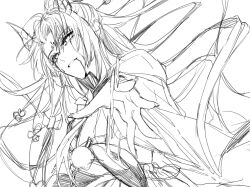  blood blood_from_mouth bow clenched_teeth commentary_request demon_horns eyelashes eyeshadow facial_mark fingernails flower flower_facial_mark flower_symbol forehead_mark foreshortening greyscale hair_between_eyes hair_bow hakama horns japanese_clothes kimono large_bow long_hair long_sidelocks long_sleeves looking_ahead low-tied_sidelocks makeup miracle_nikki monochrome nikki_(series) outstretched_hand palms pom_pom_(clothes) sharp_fingernails short_kimono sidelocks simple_background sketch stylist_(nikki) teeth uro_(uvxkf) very_long_hair waist_bow white_background wide_sleeves 