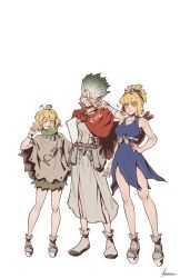  1boy 2girls blonde_hair commentary cracked_skin dr._stone e=mc2_(equation) english_commentary equation high_ponytail highres ishigami_senkuu kohaku_(dr._stone) lutaerian multiple_girls ponytail rope rope_around_waist rope_belt spiky_hair split_ponytail suika_(dr._stone) tall_hair white_rope 