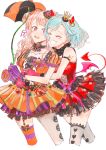  2girls absurdres aqua_hair bang_dream! black_thighhighs choker closed_eyes cross-laced_clothes cross-laced_dress crown demon_costume dress fake_horns fake_tail fake_wings food-themed_hair_ornament gloves grin hair_ornament halloween highres hikawa_hina holding holding_umbrella horns junjun_(kimi-la) long_hair maruyama_aya medium_hair mini_crown multiple_girls open_mouth orange_dress pink_eyes pink_gloves pink_hair pumpkin_hair_ornament purple_gloves red_dress sketch smile striped_leggings tail thigh-highs umbrella wings 