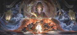  2girls absurdres against_the_flame_(shining_nikki) architecture bird black_hair bow character_request chinese_clothes chinese_commentary closed_mouth commentary_request crown earrings east_asian_architecture expressionless faceless faceless_female fire forehead_jewel gem gold_crown hair_bow hanfu highres holding holding_sword holding_weapon jewelry lantern light_particles lipstick long_hair long_sleeves makeup mini_person minigirl multiple_girls multiple_hair_bows necklace night nikki_(series) outdoors phoenix pink_hanfu red_gem red_lips red_robe robe shining_nikki size_difference straight-on sword town upper_body walking waves weapon white_hanfu wide_sleeves yellow_eyes zangfoxzang 