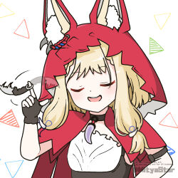  1girl animal_ears arknights arknights:_endfield artist_name black_choker black_gloves blonde_hair cape choker closed_eyes commentary_request dress ears_through_headwear facing_viewer fingerless_gloves gloves hand_up hood hood_up hooded_cape jewelry long_hair low-tied_sidelocks mitya necklace open_mouth red_cape rossi_(arknights) sidelocks smile solo teeth tooth_necklace twitter_username upper_body upper_teeth_only white_background white_dress wolf_ears wolf_girl 